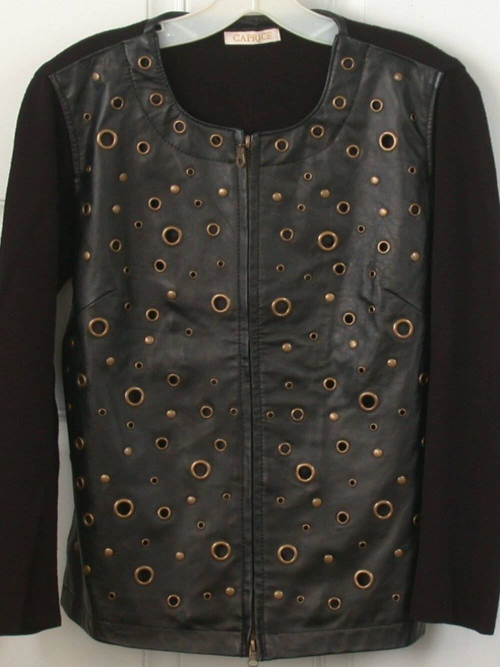 Caprice Leather Grommet & Knit Black Moto Sweater Jacket Zip Front SZ M